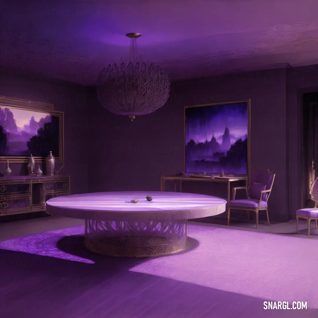 Purple room with a round table and chairs and a chandelier hanging from the ceiling and a painting on the wall