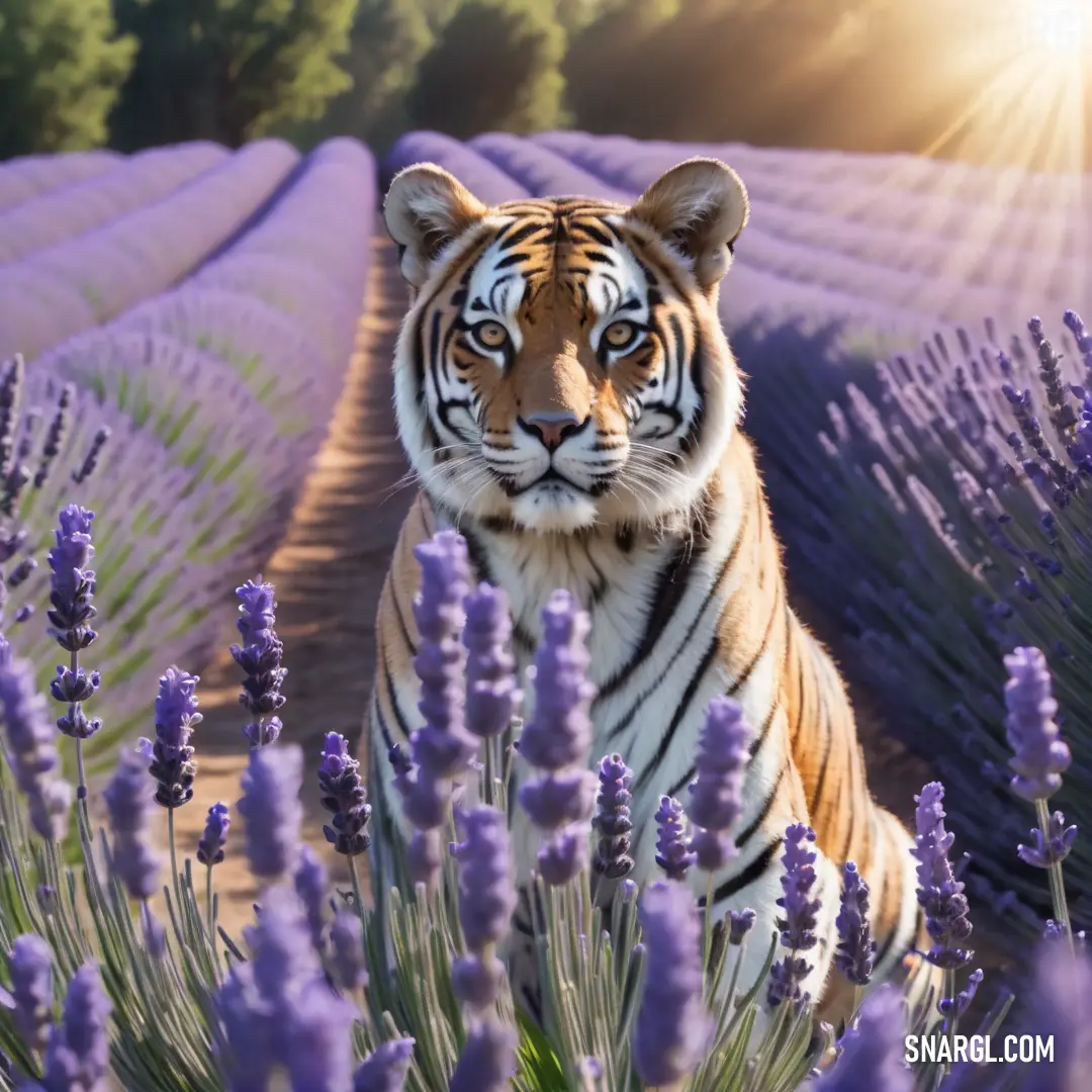 Tiger in a field of lavender flowers with the sun shining behind it