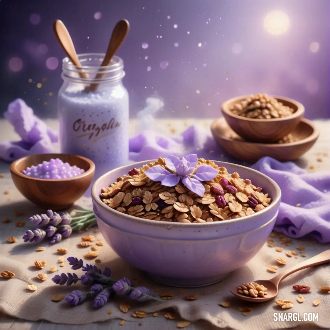 Bowl of granola with lavender flowers and a jar of granola powder on a table. Color #C9A0DC.