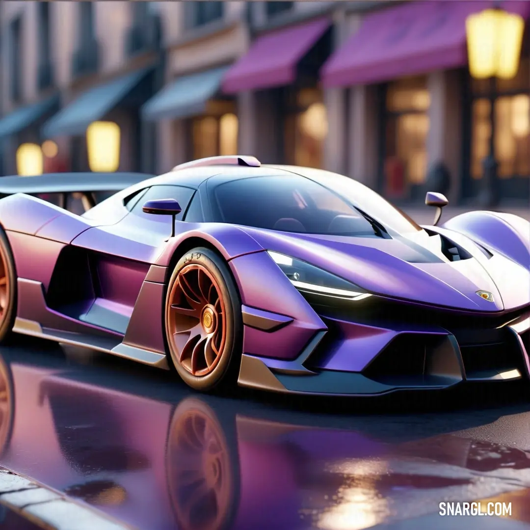 Purple sports car is parked on a wet street in front of a building with a purple awning. Color RGB 201,160,220.