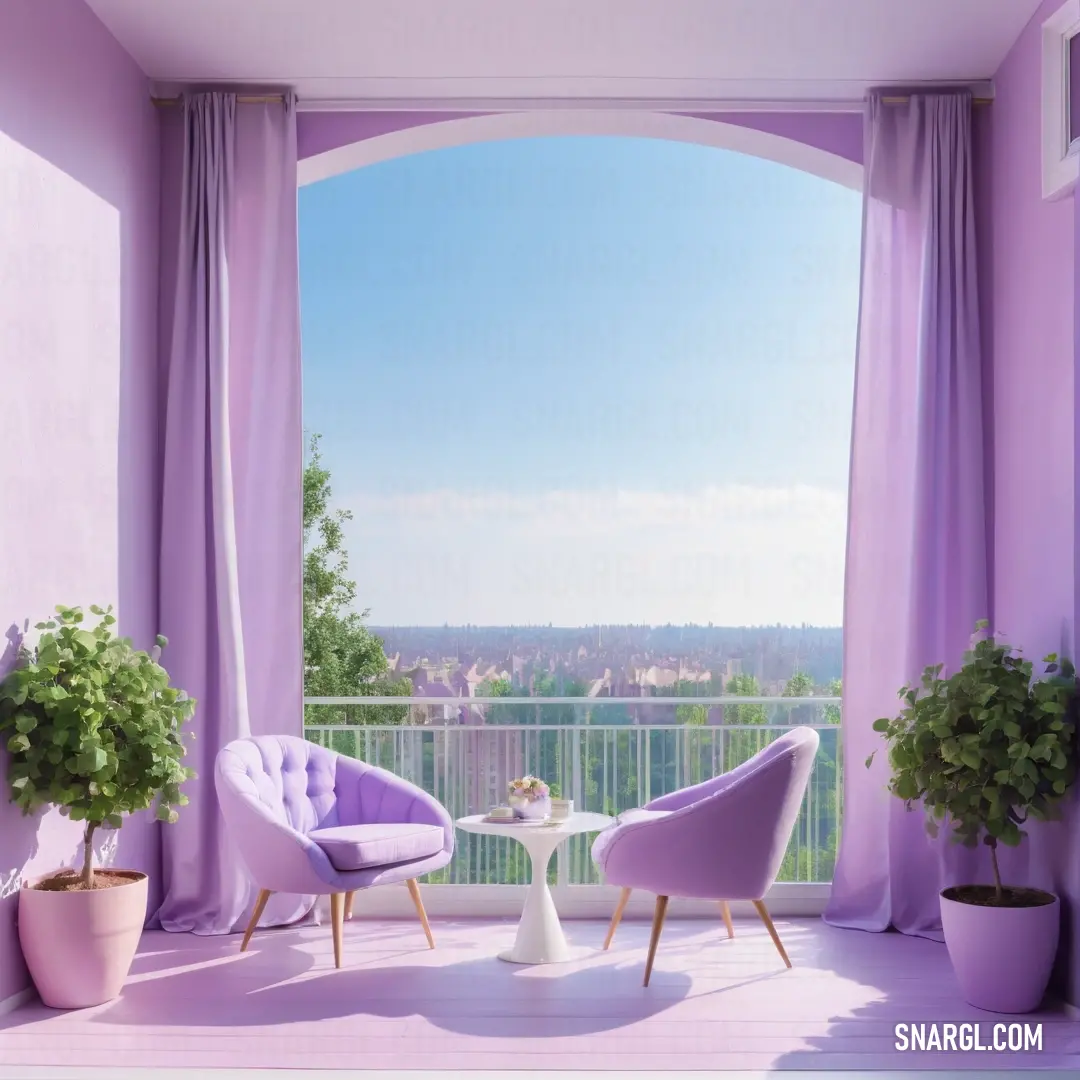 Room with a table and chairs and a view of the city outside the window with purple curtains. Example of #C9A0DC color.