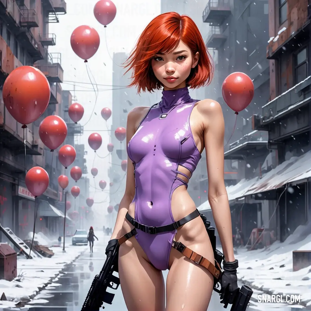 Wisteria color. Woman in a purple outfit holding a gun in a city street with balloons floating in the air behind her