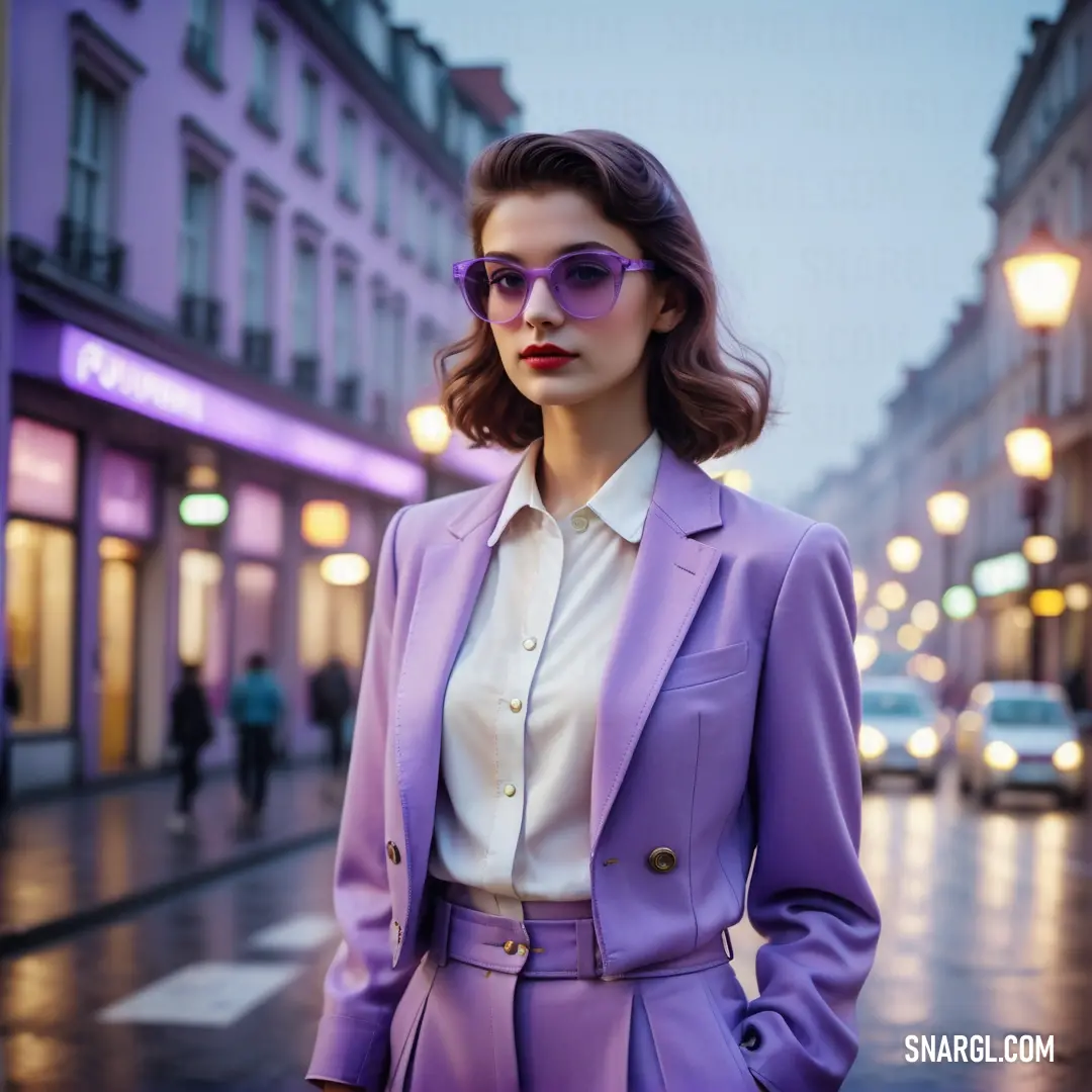 Woman in a purple suit and sunglasses standing on a street corner in the rain with a purple umbrella. Example of Wisteria color.