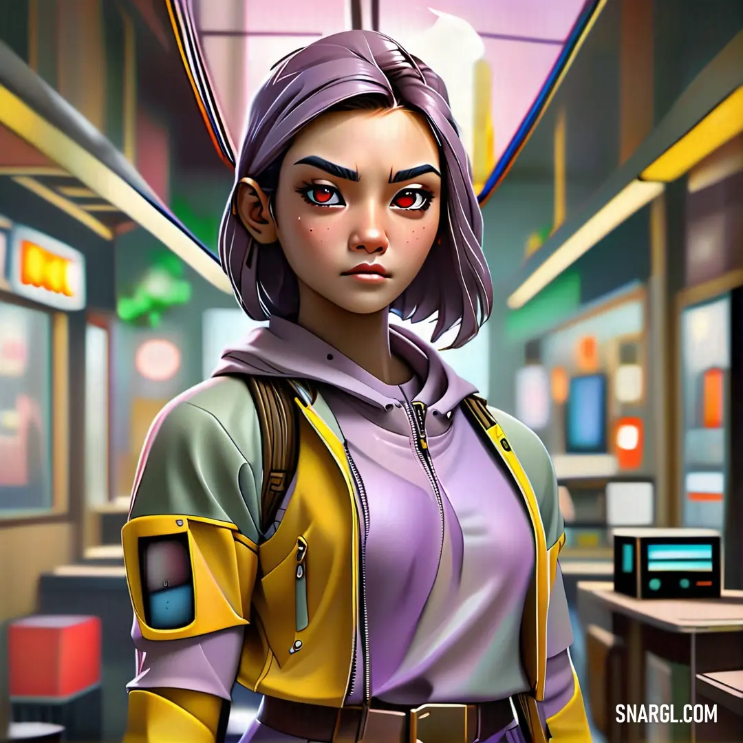 Wisteria color example: Woman in a yellow jacket and purple shirt standing in a subway station with a yellow backpack on her shoulder