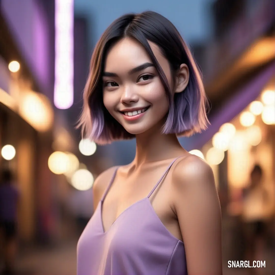 Woman with a purple dress and a smile on her face and a city street in the background with lights. Color Wisteria.