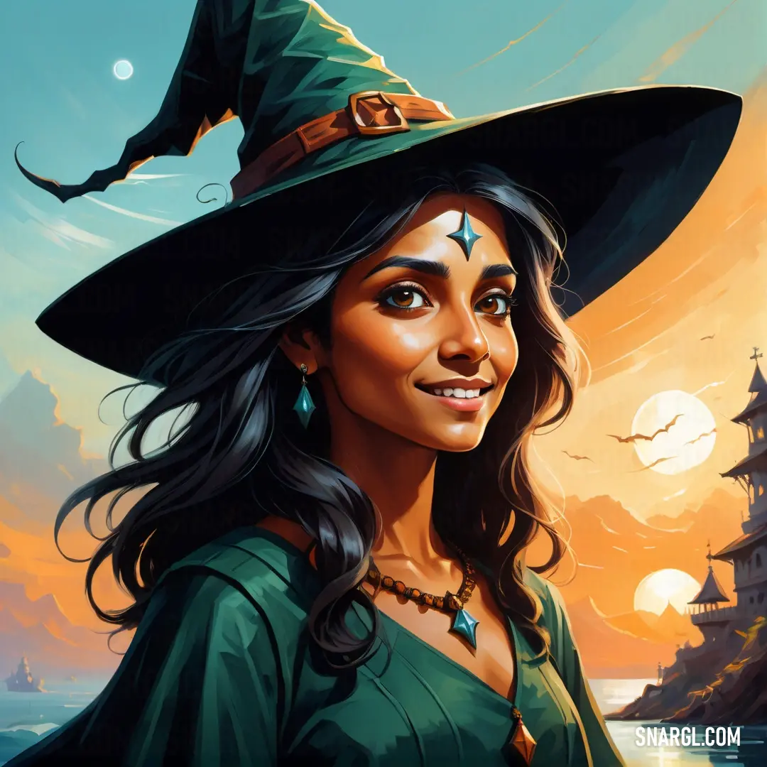 Painting of a female Witch wearing a witches hat and green dress with a large black hat on her head