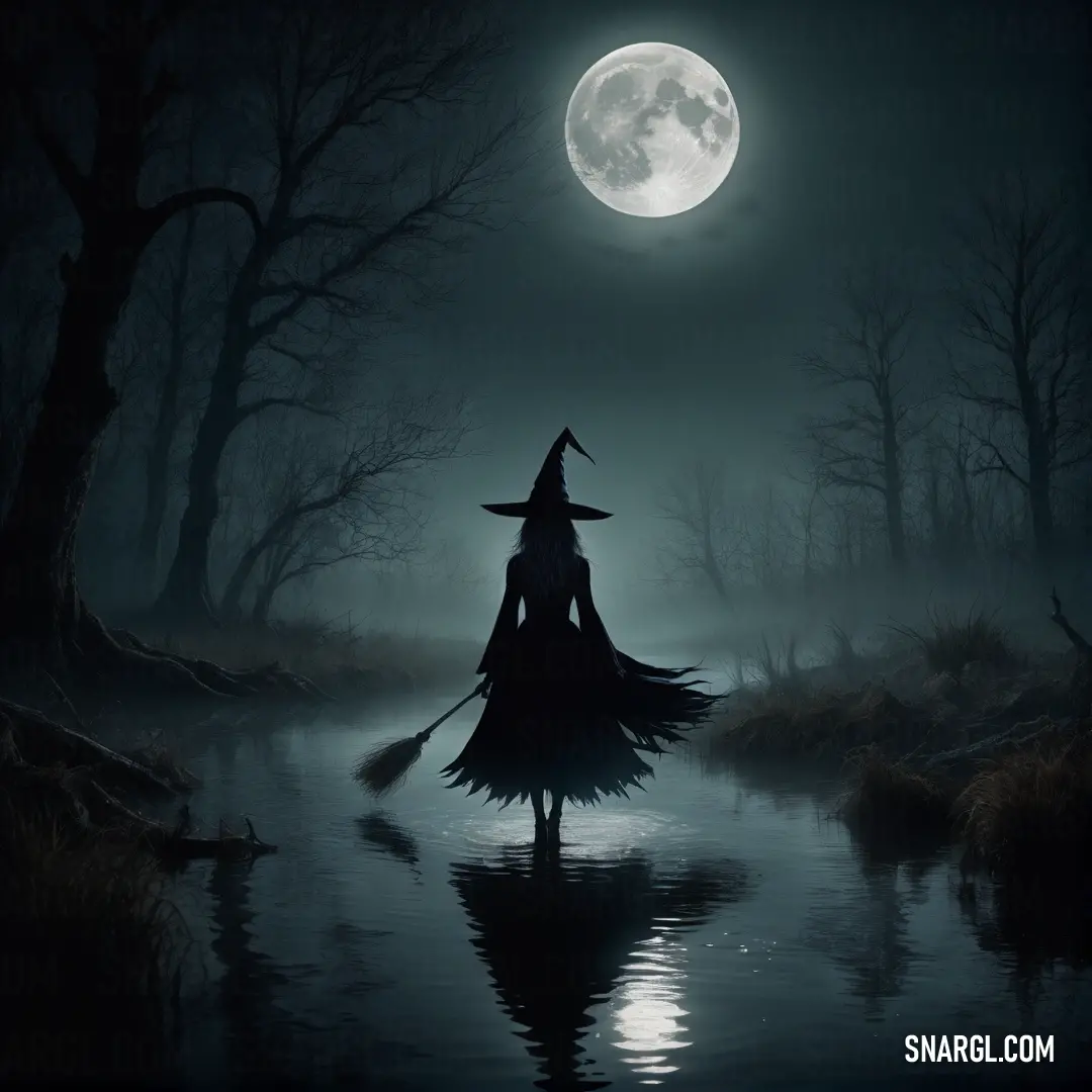 Witch on a broom in the water at night with a full moon in the background