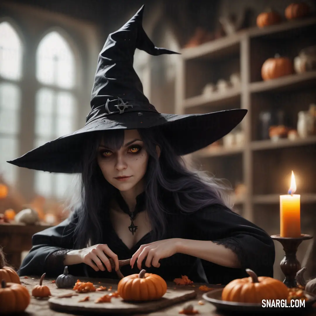 Witch dressed as a witch with a candle and pumpkins on a table in a room with shelves
