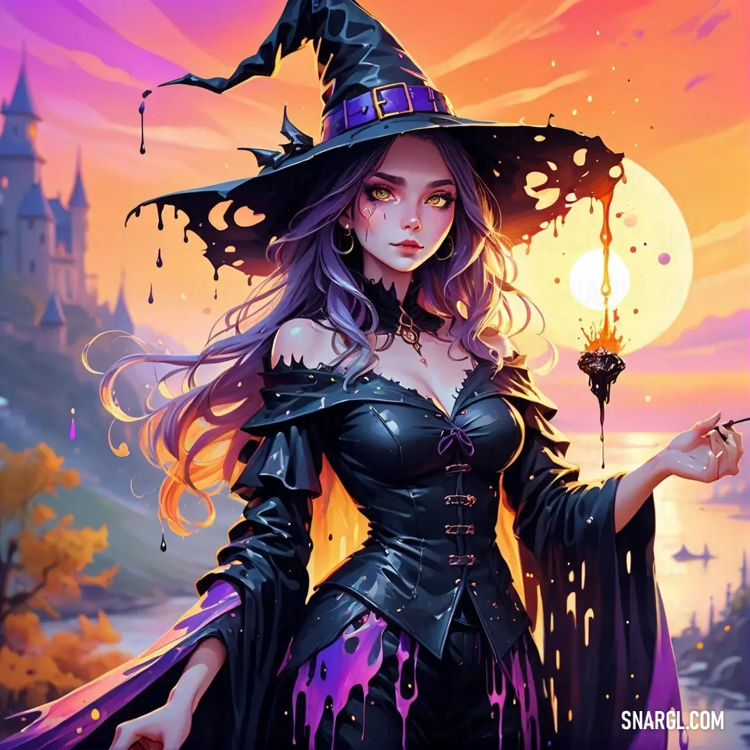 Witch dressed in a witch costume holding a wand and a spooky hat
