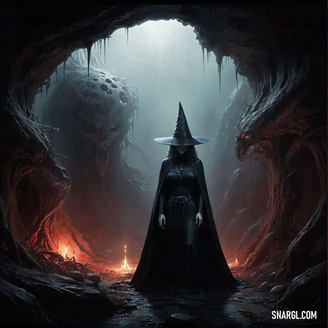 Witch in a black cloak and hat standing in a cave with a light coming from her head and a demon in the background