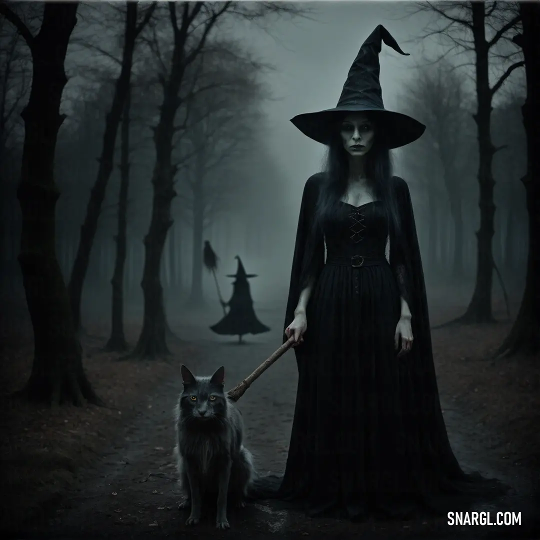 Witch in a black dress and a cat in a forest with trees and a witch holding a broom