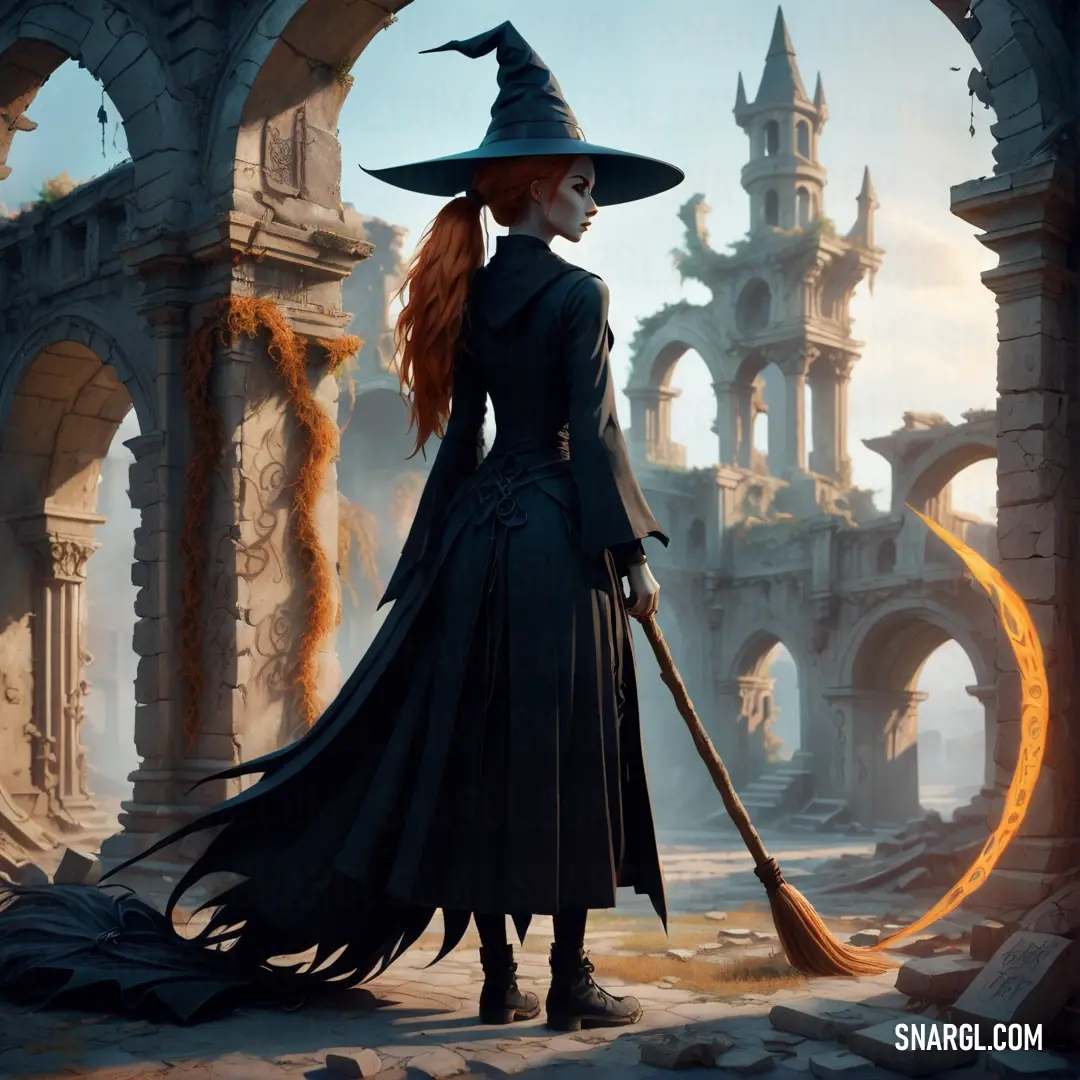 Witch in a witch costume holding a broom in a ruined building with a full moon in the background