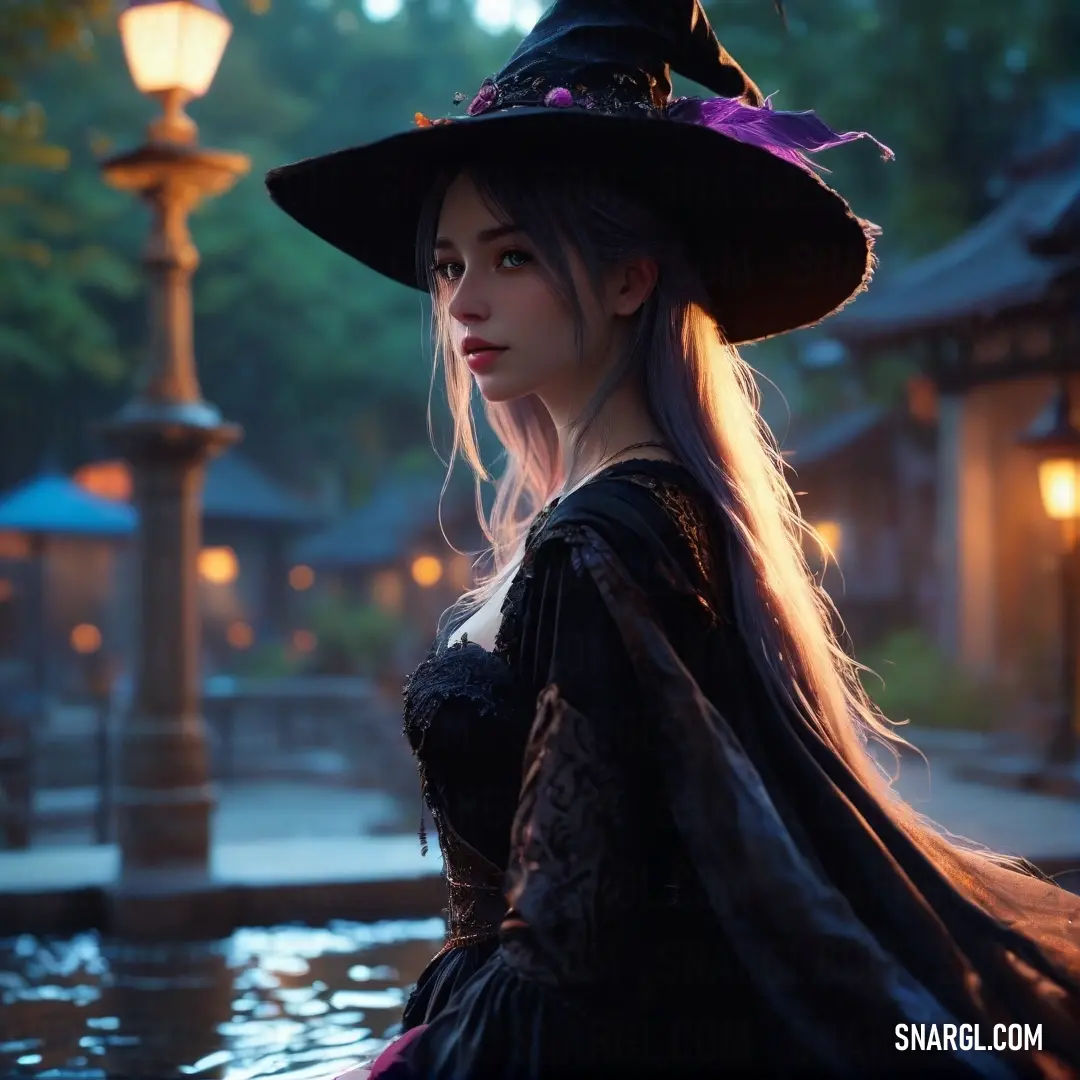 Witch in a witch costume is standing in the water with a hat on her head and a long flowing hair