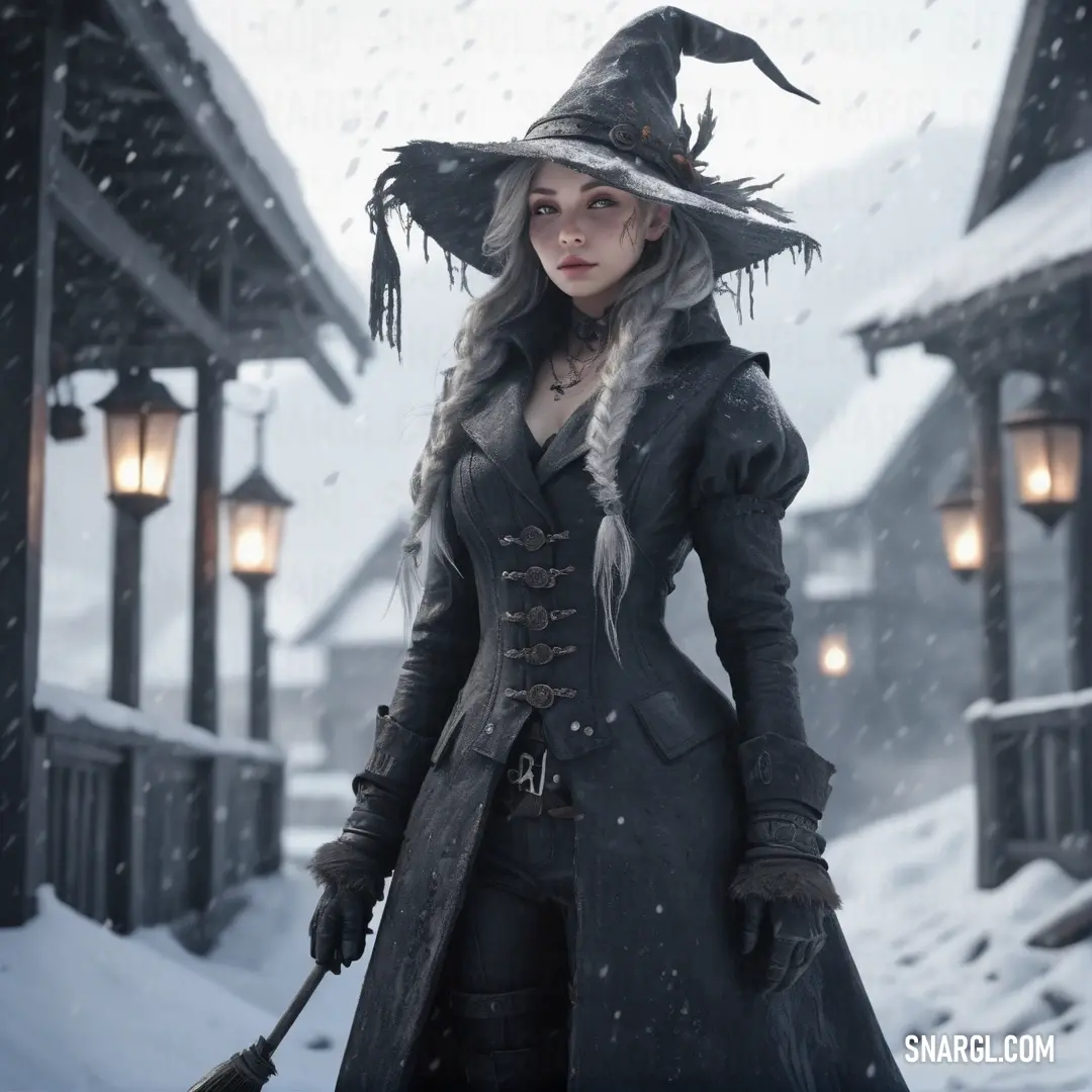 Witch in a witch costume standing in the snow with a broom in her hand and a hat on her head