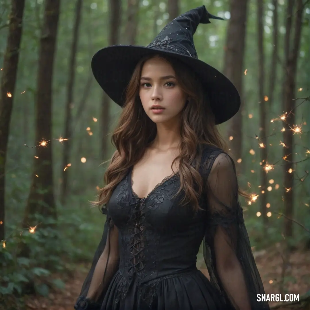 Witch in a witch costume standing in the woods with a hat on her head