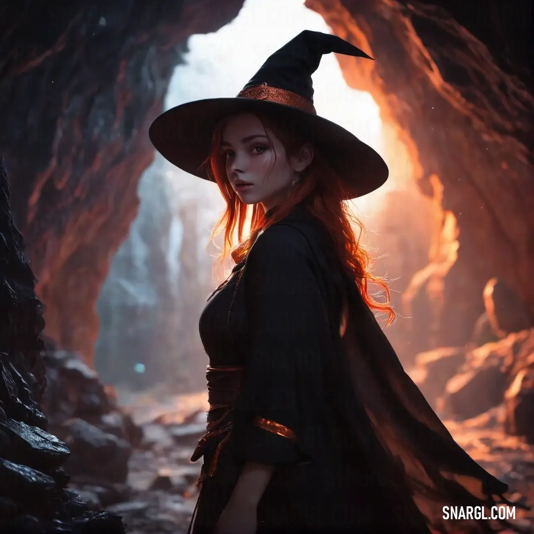 Witch in a witch costume standing in a cave with a hat on her head and a long black cloak