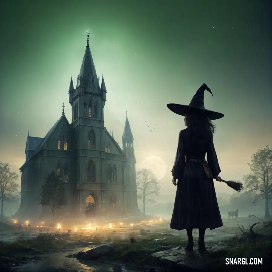 Witch in a witch costume standing in front of a church at night with a full moon in the sky