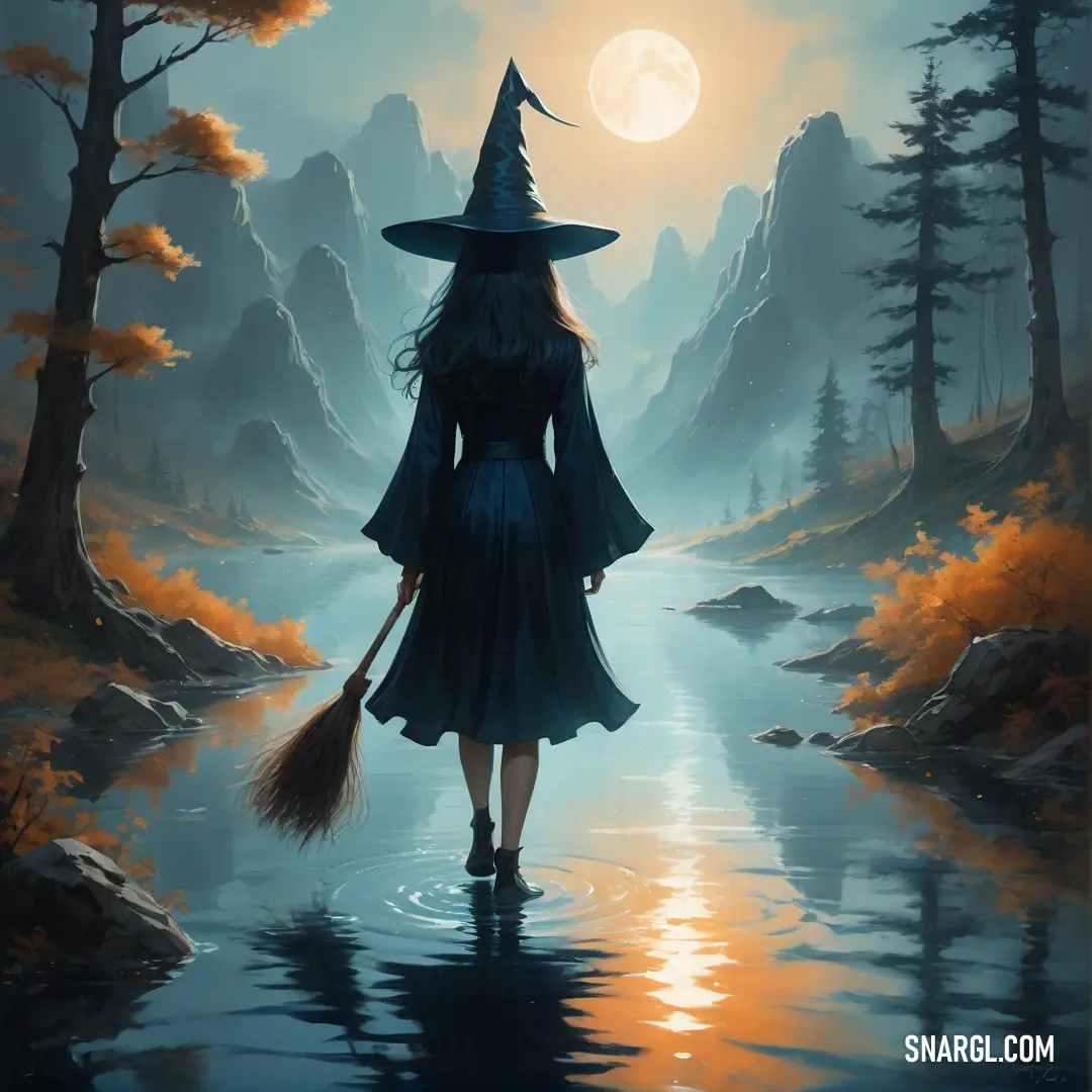 Witch in a witch costume is walking through a river with a broom in her hand and a full moon in the background