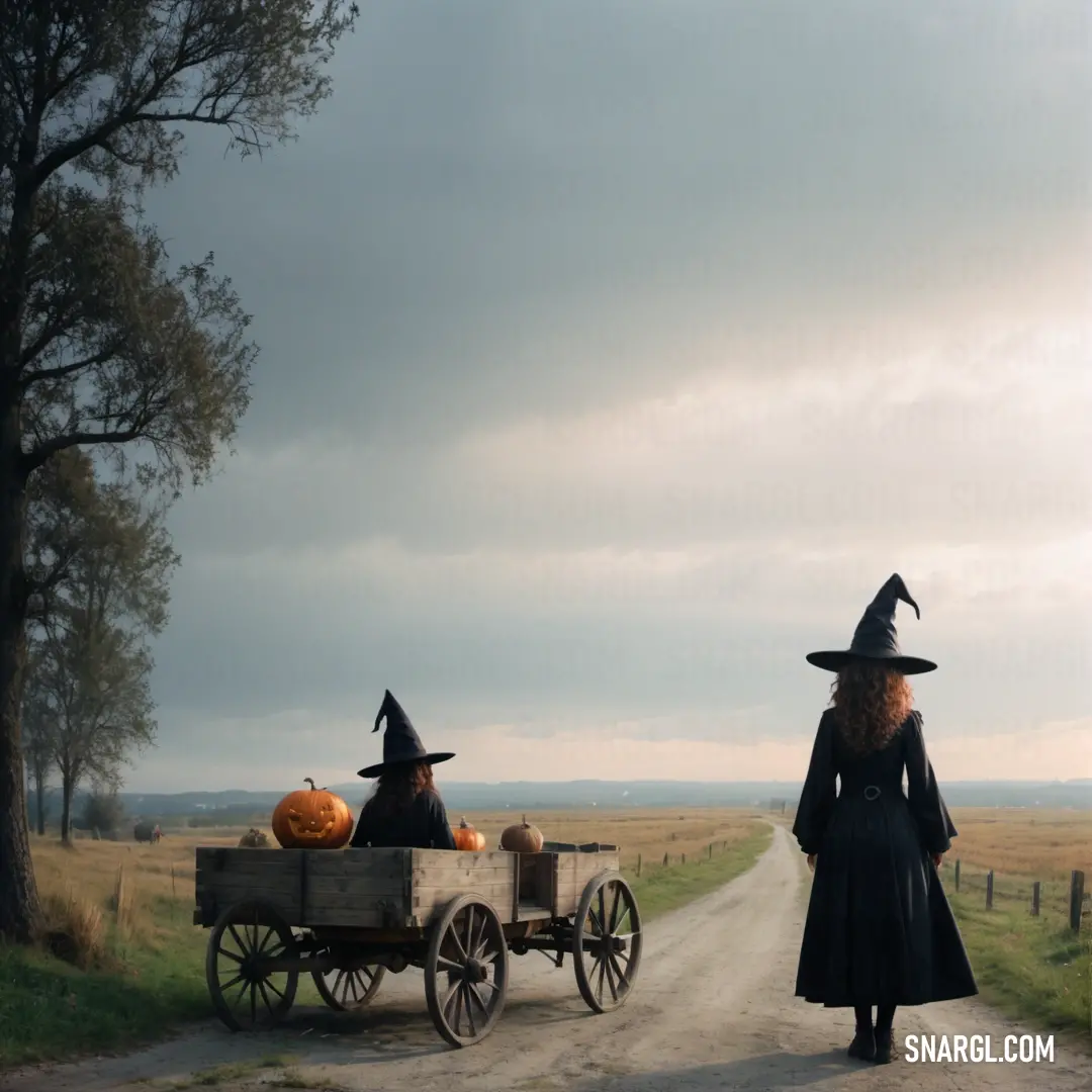 Witch in a witches costume is pulling a wagon with a pumpkin on it