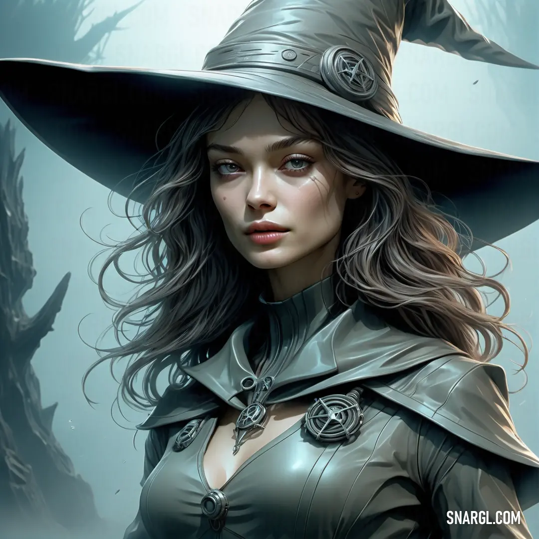 Witch in a witches hat and leather outfit with long hair