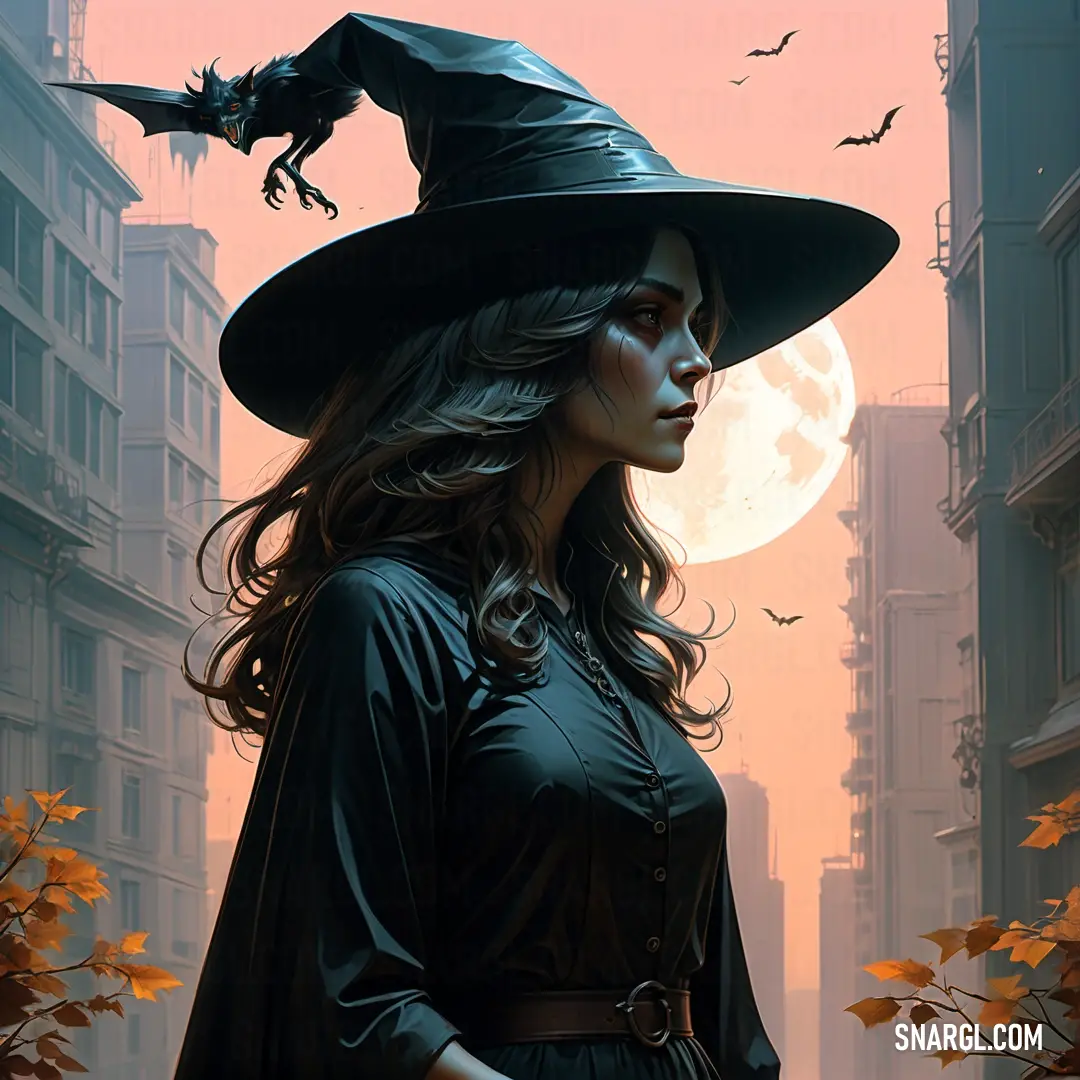 Witch in a witches hat and dress standing in a city street with a full moon behind her and a black cat on her head