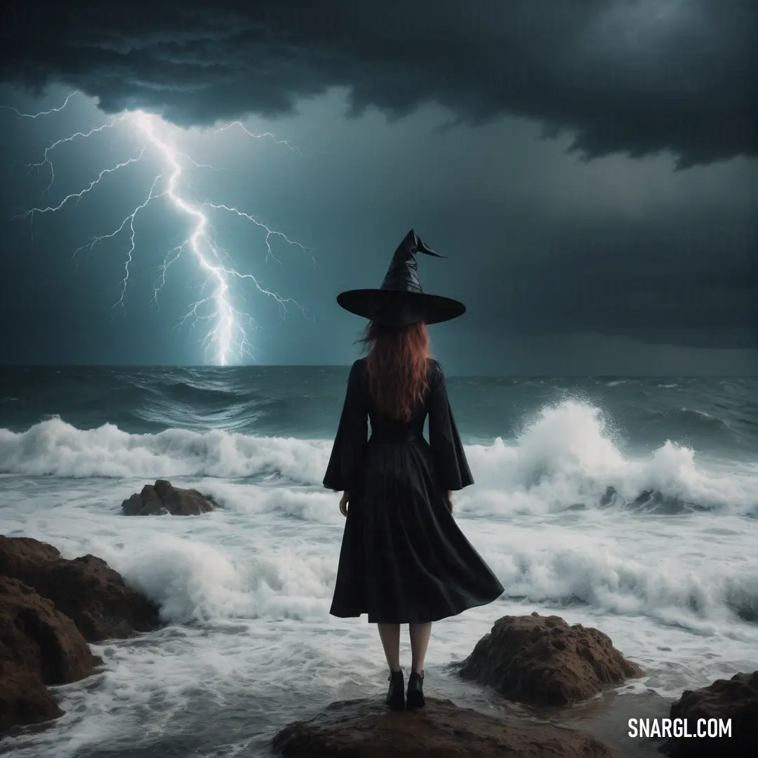 Witch in a witches hat standing on a rock in the ocean with a lightning bolt in the background