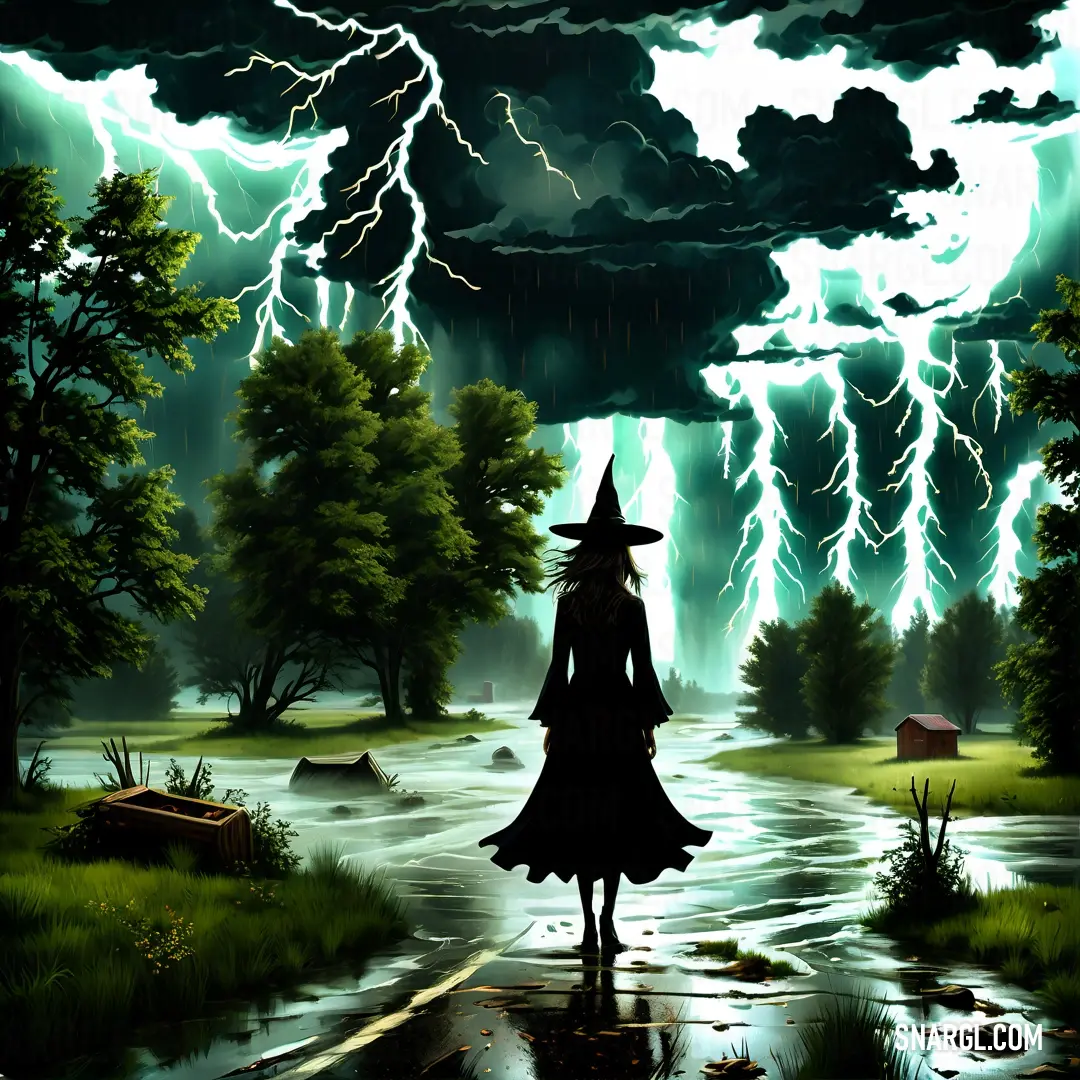 Witch in a witches hat walking in the rain with a storm in the background and a lightning bolt