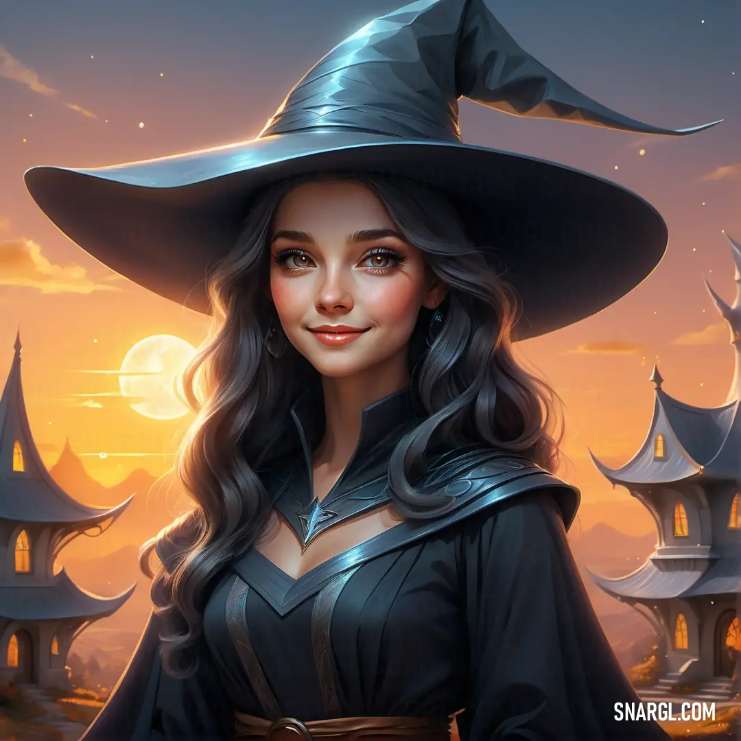 Witch in a witches hat and dress in front of a castle at night with a full moon in the background