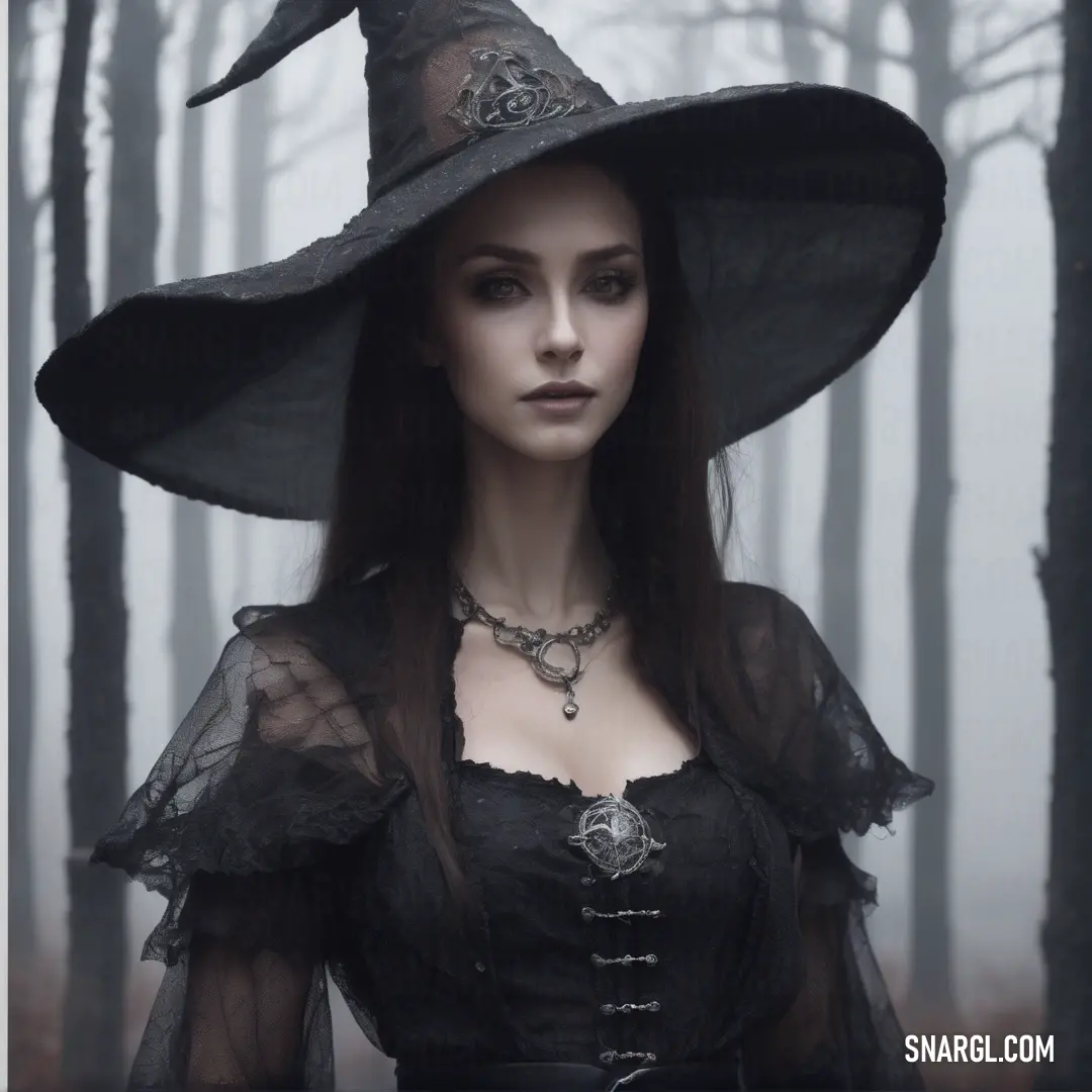 Witch wearing a witches hat in a forest with fog and trees behind her is a creepy looking face