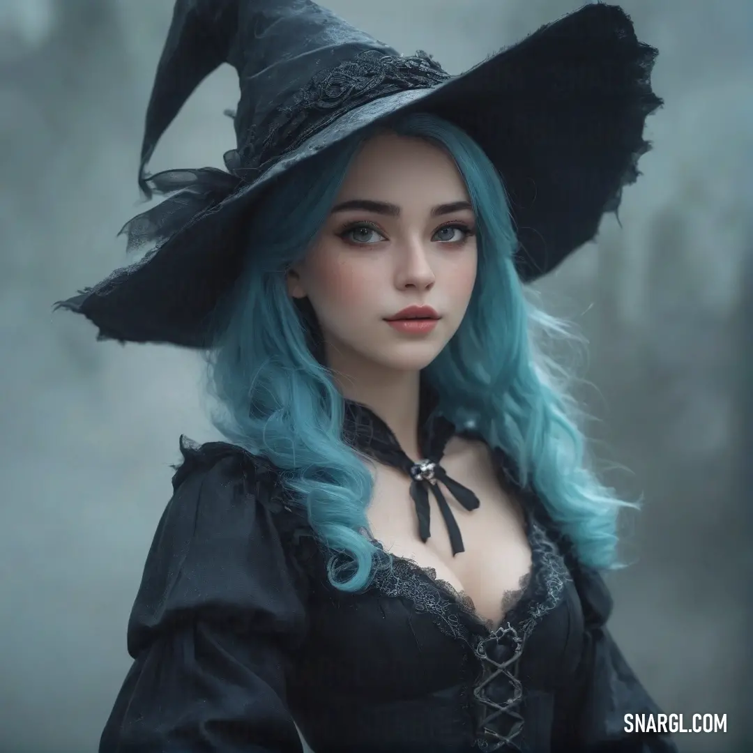 Witch with blue hair wearing a witches hat and black dress with a black bow tie