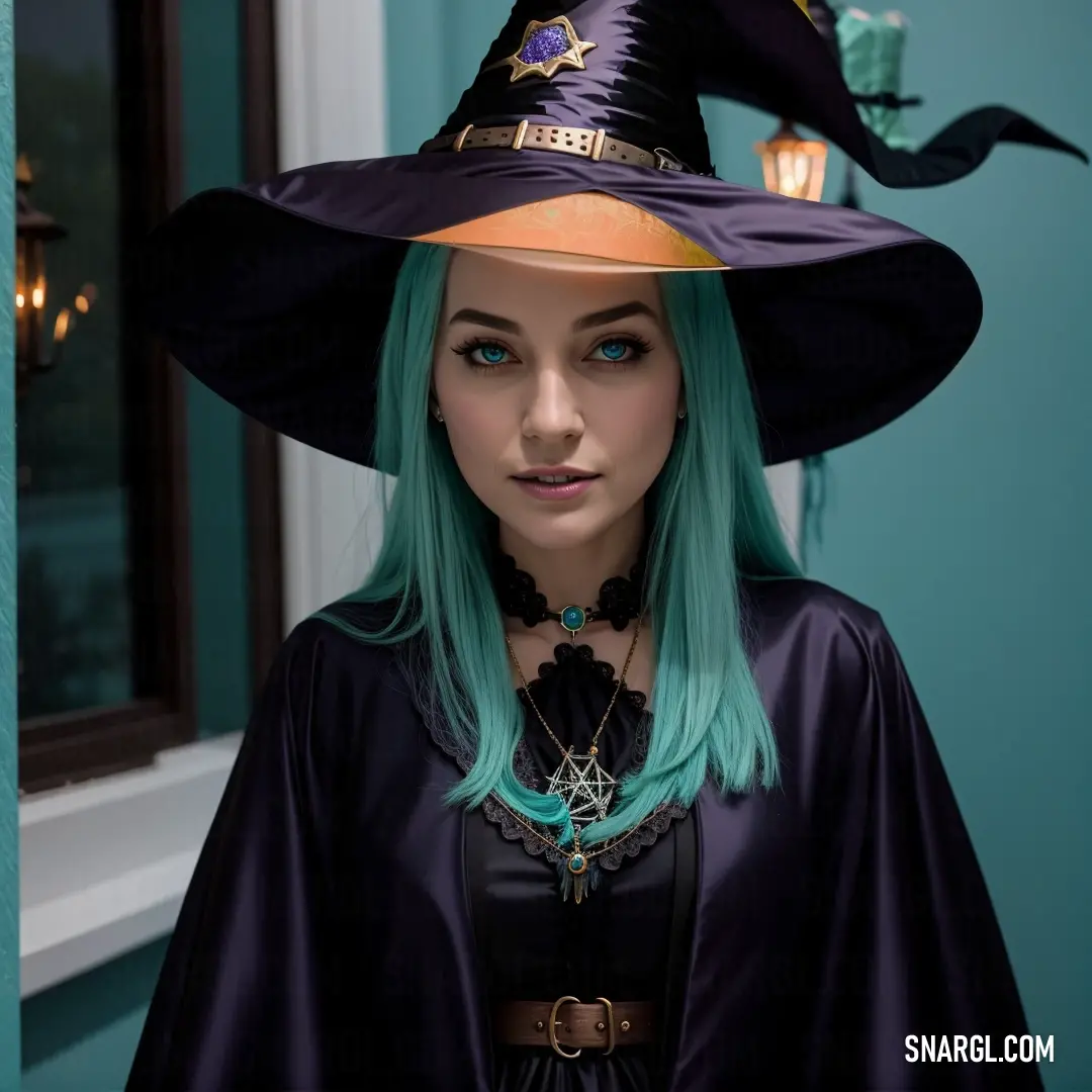 Witch with green hair wearing a witches hat and a black dress with a green hair