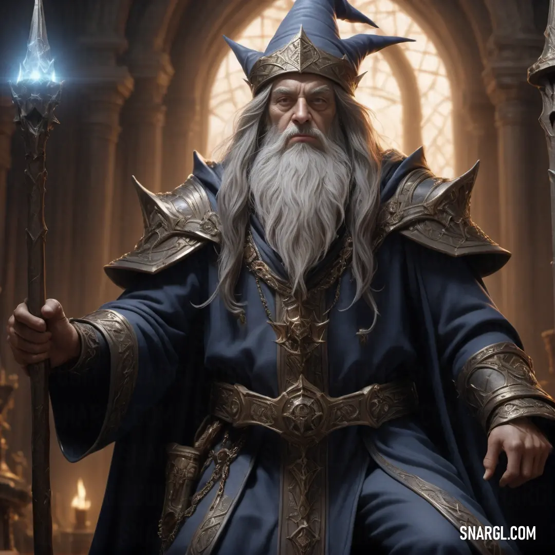 Wizard with a long beard and a long beard wearing a blue robe and holding a sword in his hand
