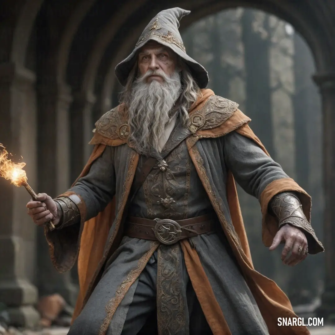 Wizard with a long beard and a long beard holding a wand and wearing a long coat and hat