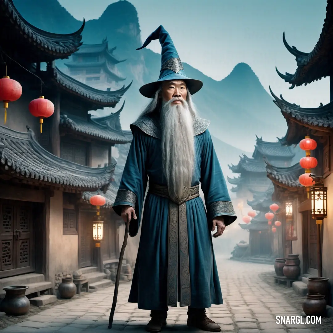 Wizard with a long beard and a long white beard wearing a long blue robe and a hat with a long white beard