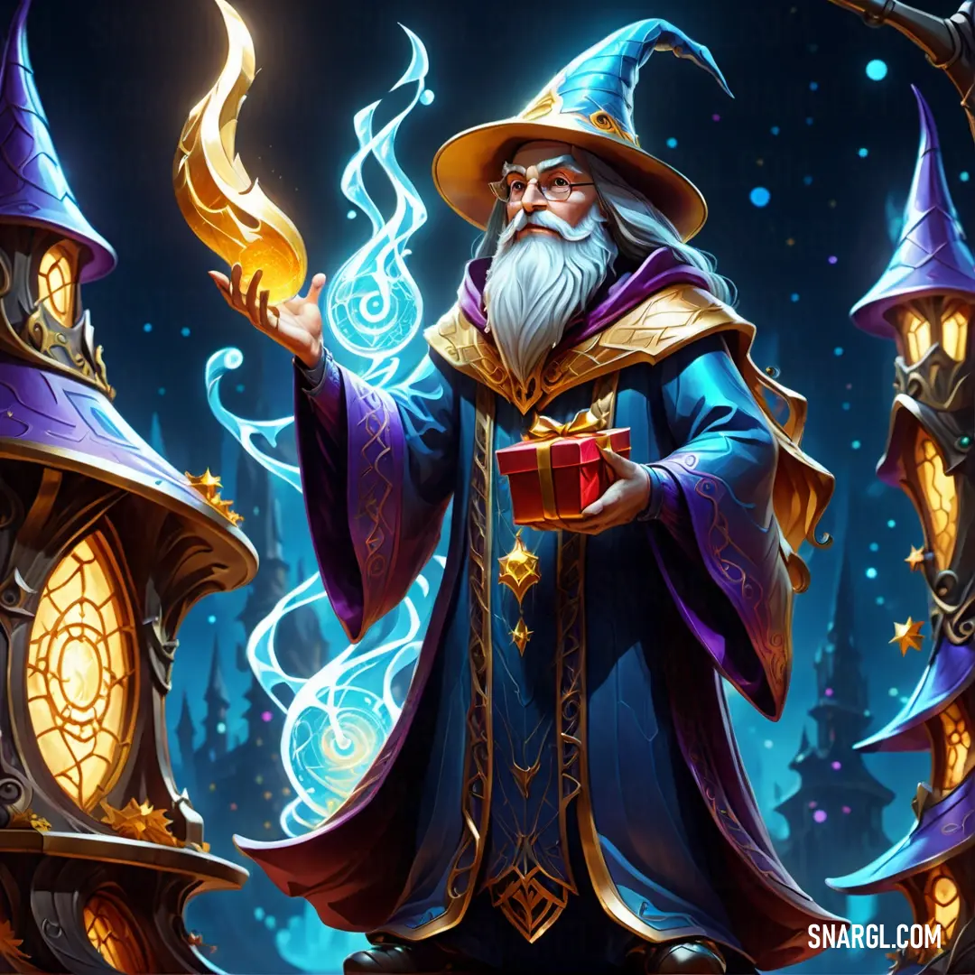 Wizard holding a magic wand and a box of gold in his hand