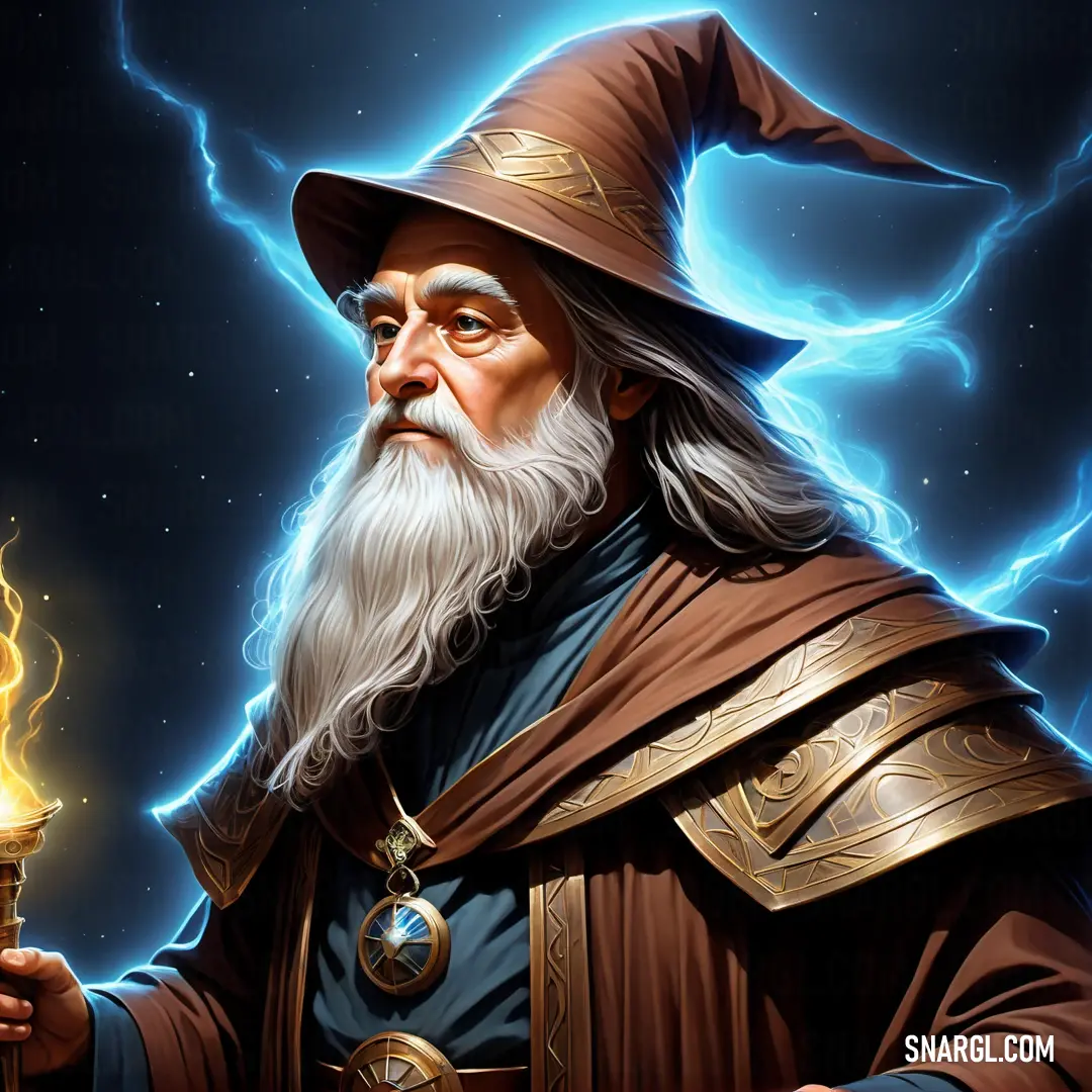 Wizard holding a torch in his hand and a lightning behind him in the background
