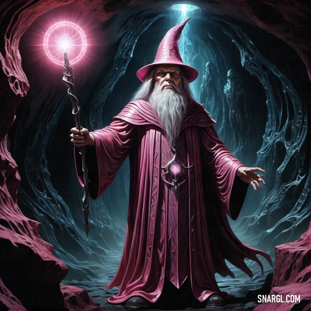 Wizard holding a wand and a glowing orb in a cave with a light in his hand and a glowing orb in his hand