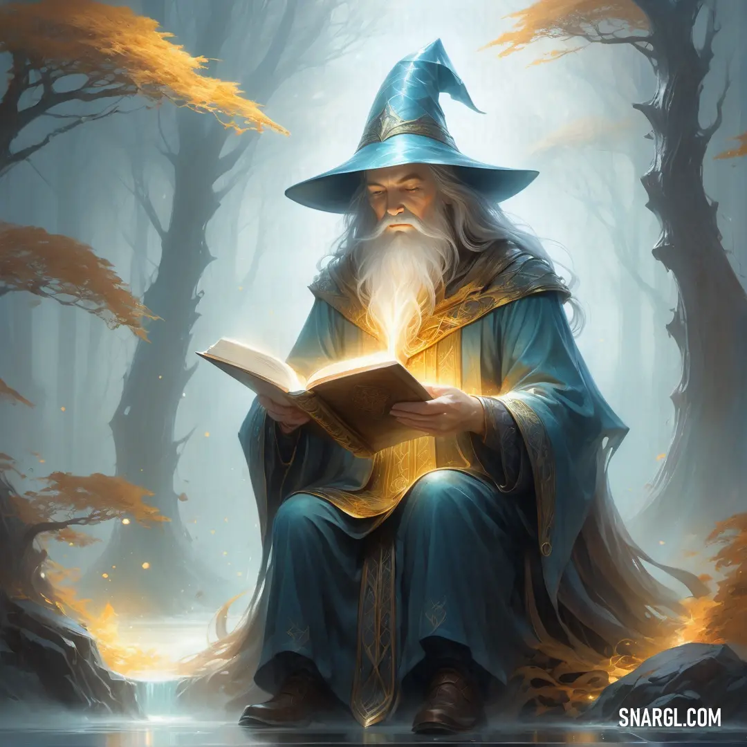 Wizard in a forest reading a book with a glowing light in his hand and a glowing book in his lap