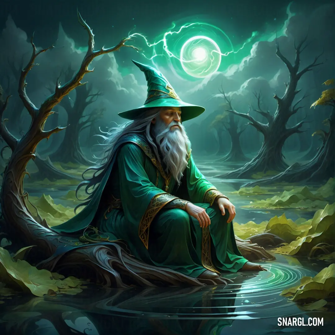 Wizard in a swampy area with a glowing orb in the background