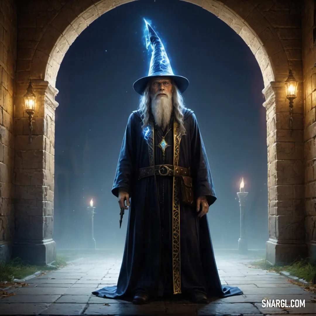 Wizard standing in a doorway with a wand in his hand and a hat on his head and a staff in his hand
