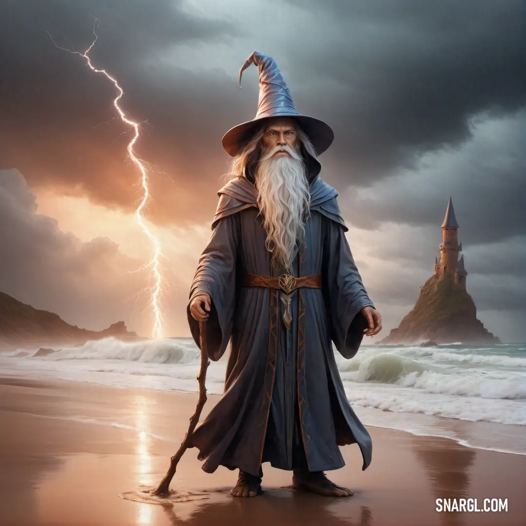 Wizard standing on a beach with a lightning in the background