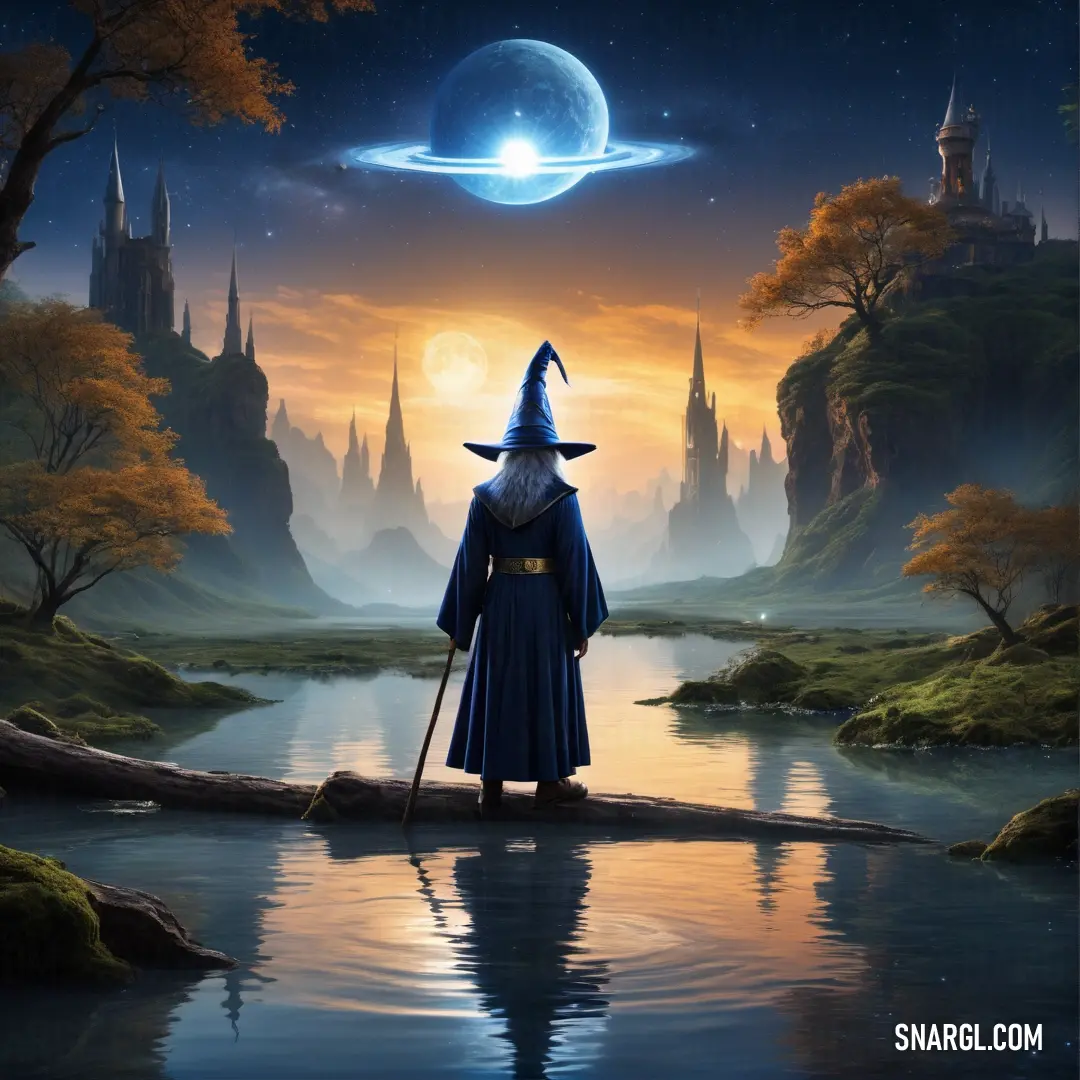 Wizard standing on a rock in a river with a full moon in the background