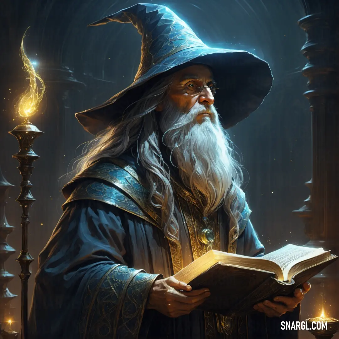 Wizard with a book in his hands and a candle in his hand is standing in front of a pillar
