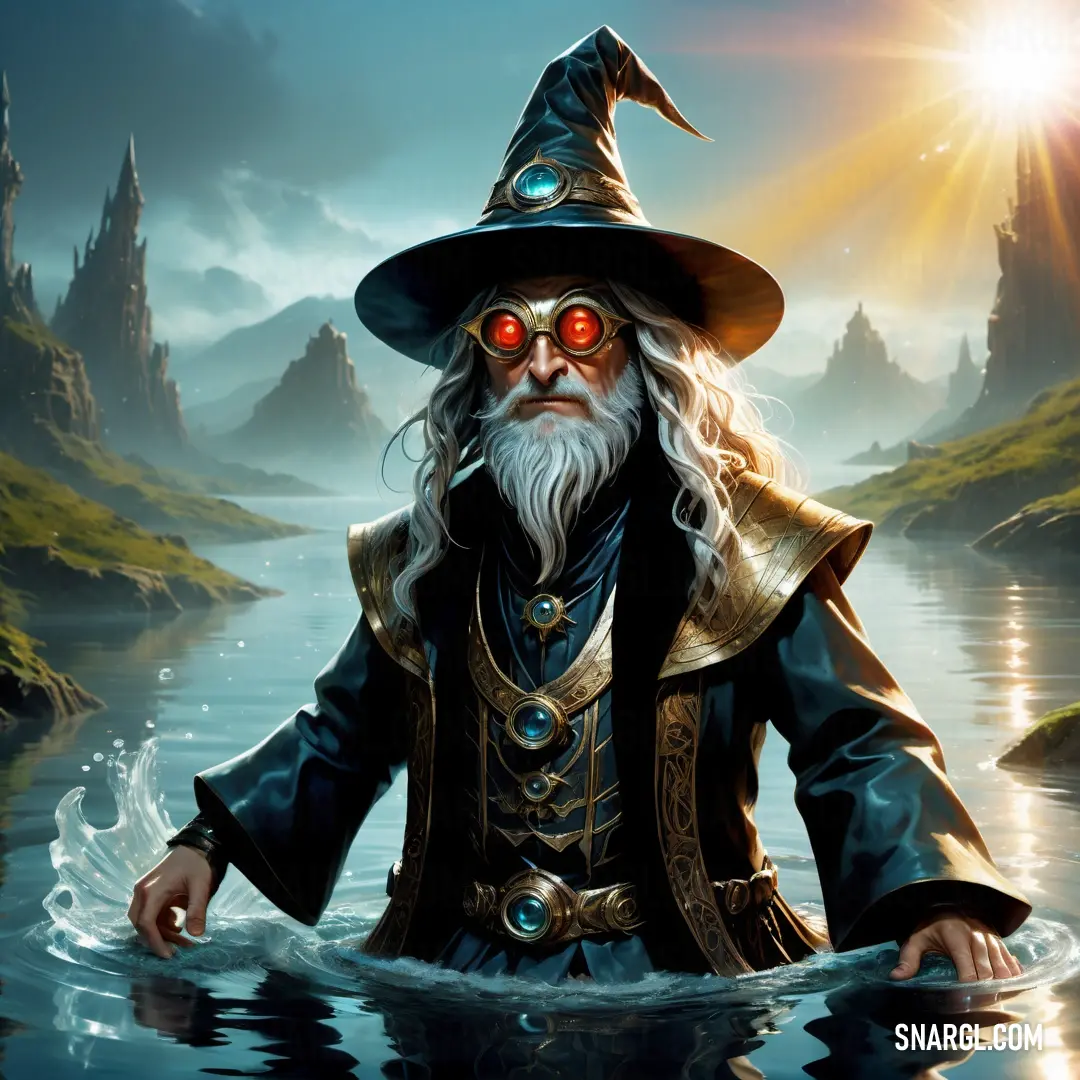 Wizard with a hat and a beard in the water with a Wizard on his back and a Wizard on his shoulder