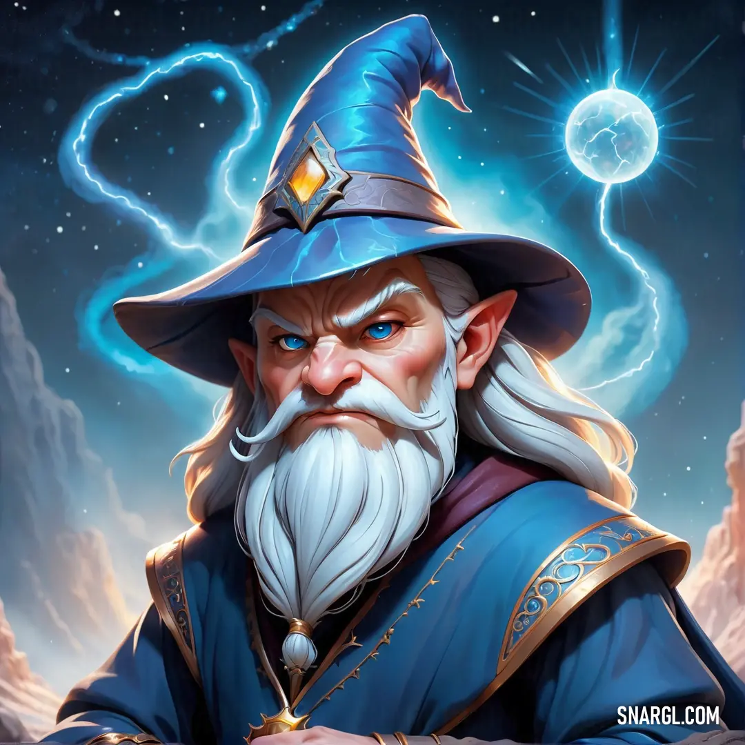 Wizard with a long beard and a blue hat on his head is holding a wand and a glowing orb