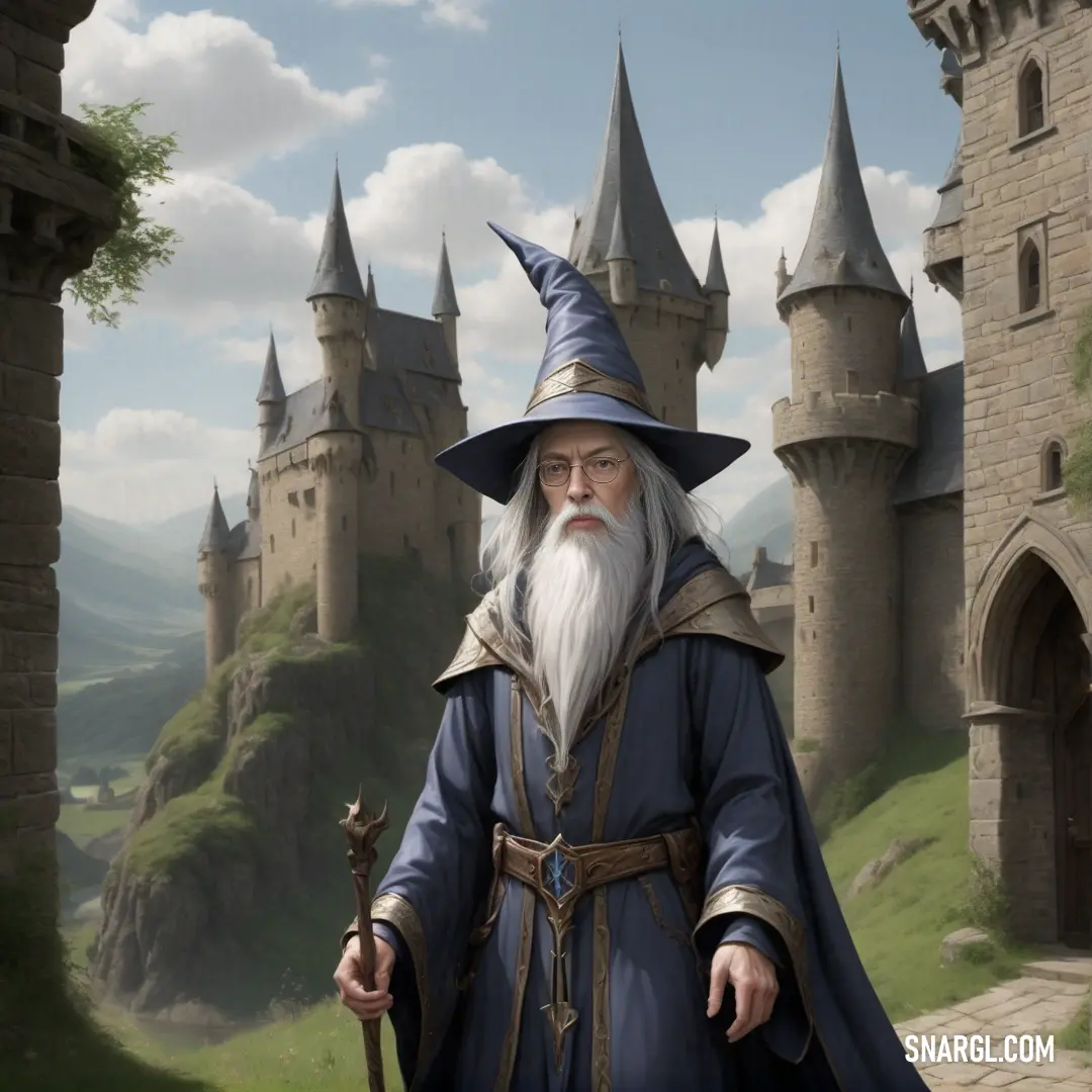 Wizard with a long white beard and a long gray beard standing in front of a castle with a staff