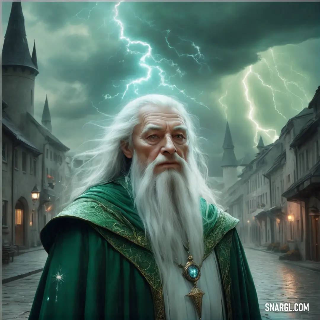 Wizard with a long white beard and a green robe on a street with lightning in the background