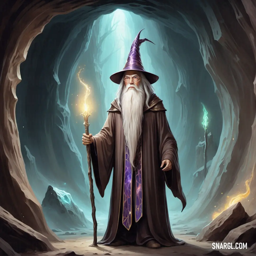 Wizard with a staff in a cave holding a wand and a glowing staff in his hand
