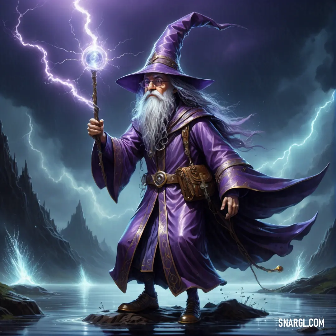 Wizard with a staff and a wand in his hand standing in a lake with lightning in the background