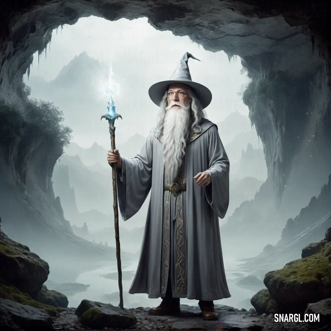 Wizard with a staff in a cave with a staff in his hand and a staff in his hand